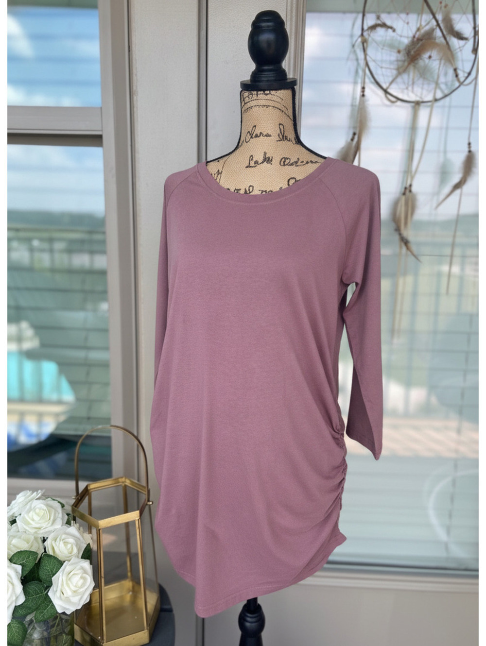 Pact Women's Size XL Mauve Organic Cotton Long Sleeve Ruched Maternity Top Tunic